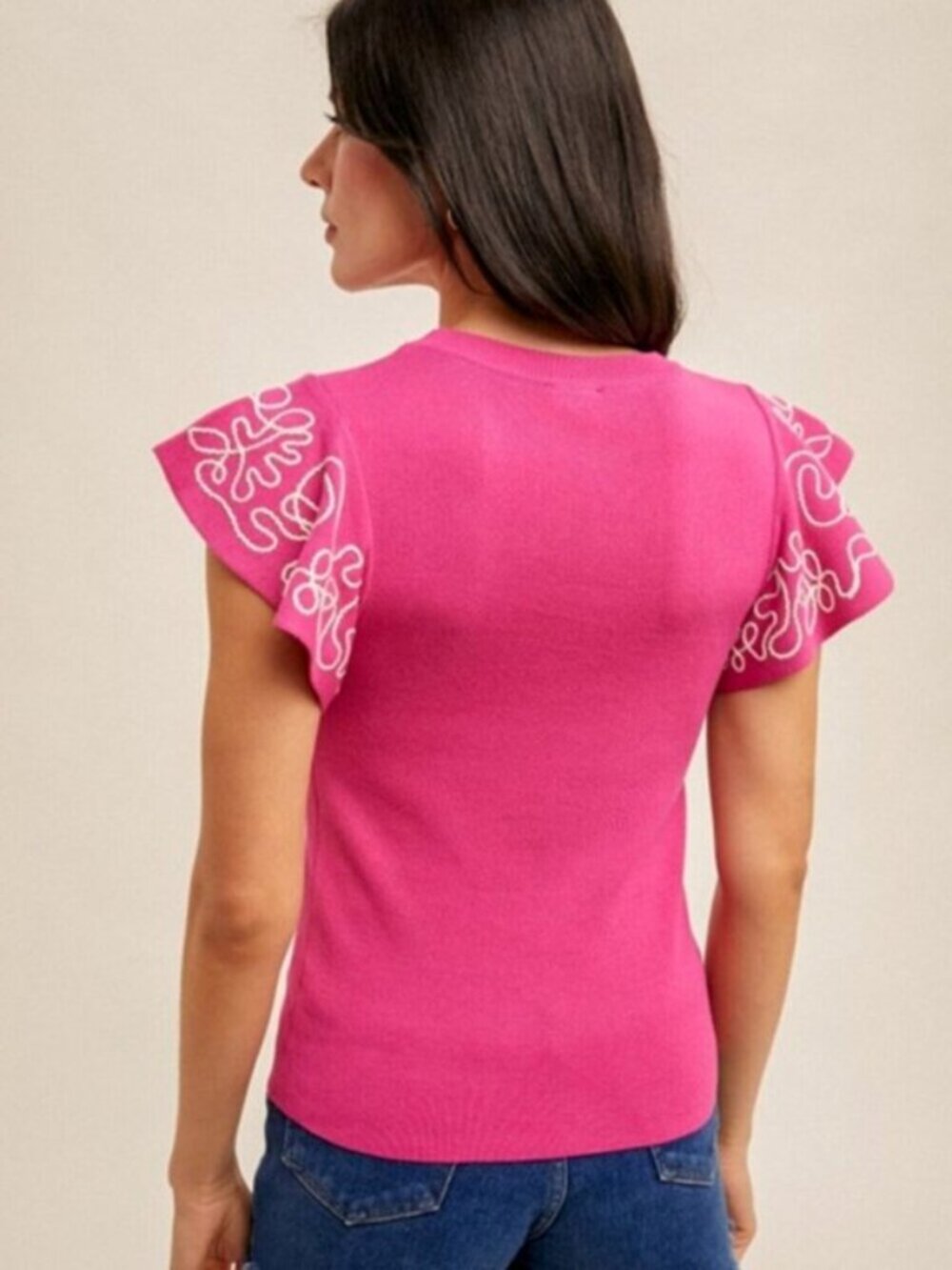 HEM & THREAD Embroidered Ruffle Sleeve Sweater Top Pink Size L NWT - Picture 3 of 4